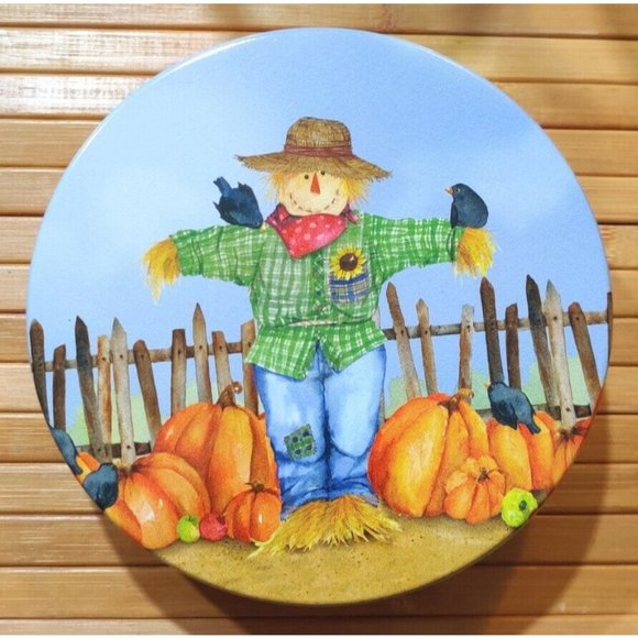 Scarecrow Pumpkin 7" Round Tin Can Container Barb Tourtillotte Illustrated Used - Picture 1 of 9